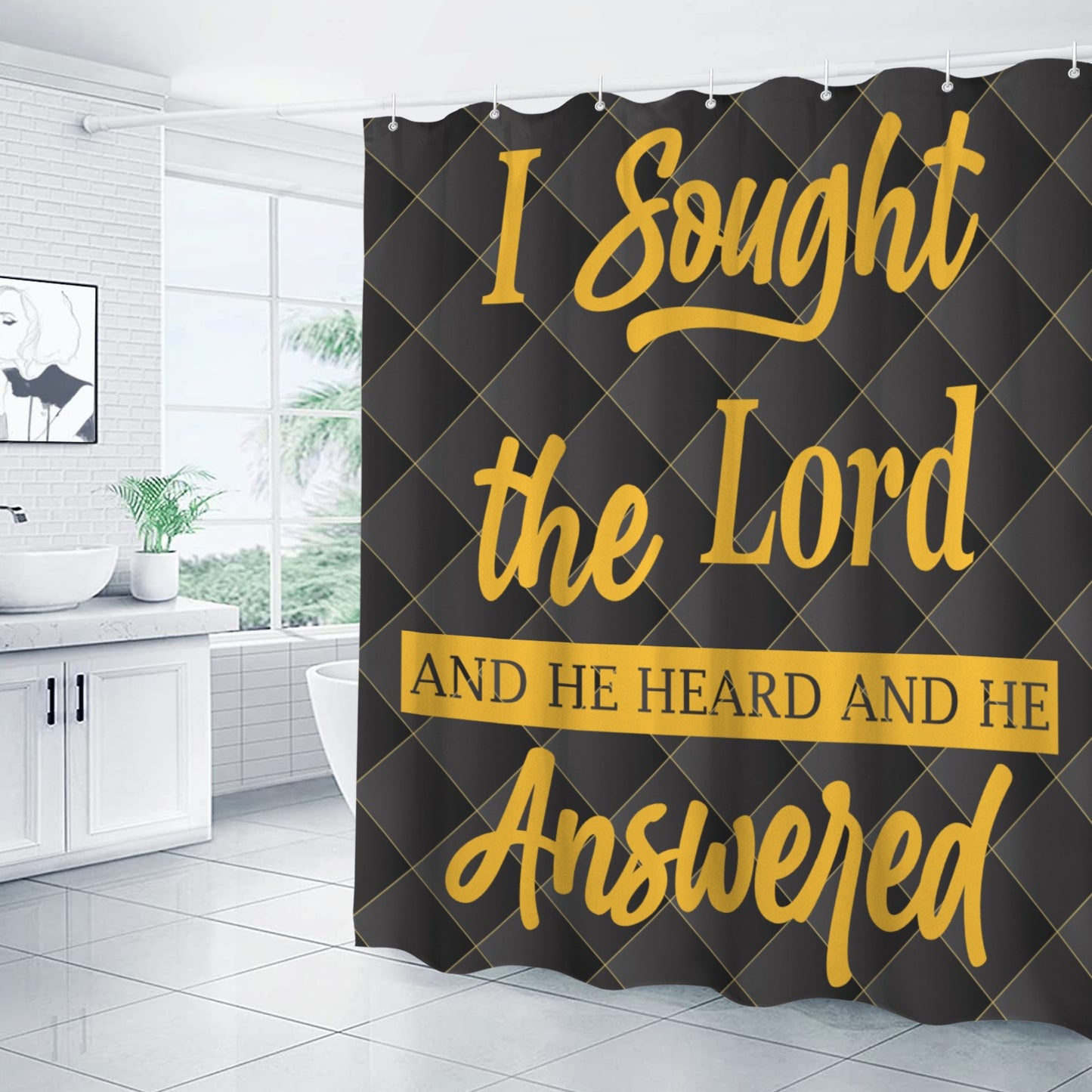 I Sought the Lord Black Quilt Shower Curtain