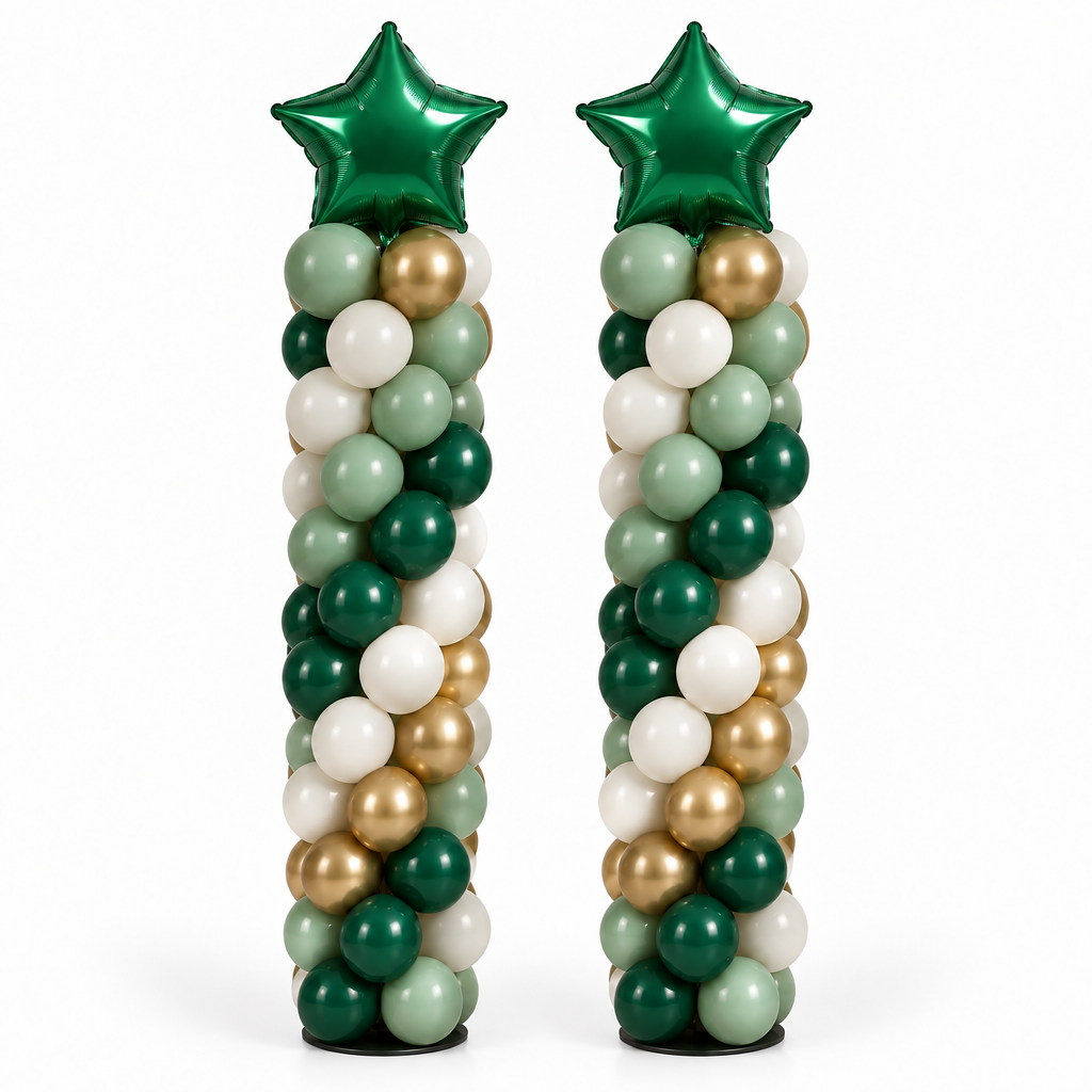 Green balloon columns with star toppers