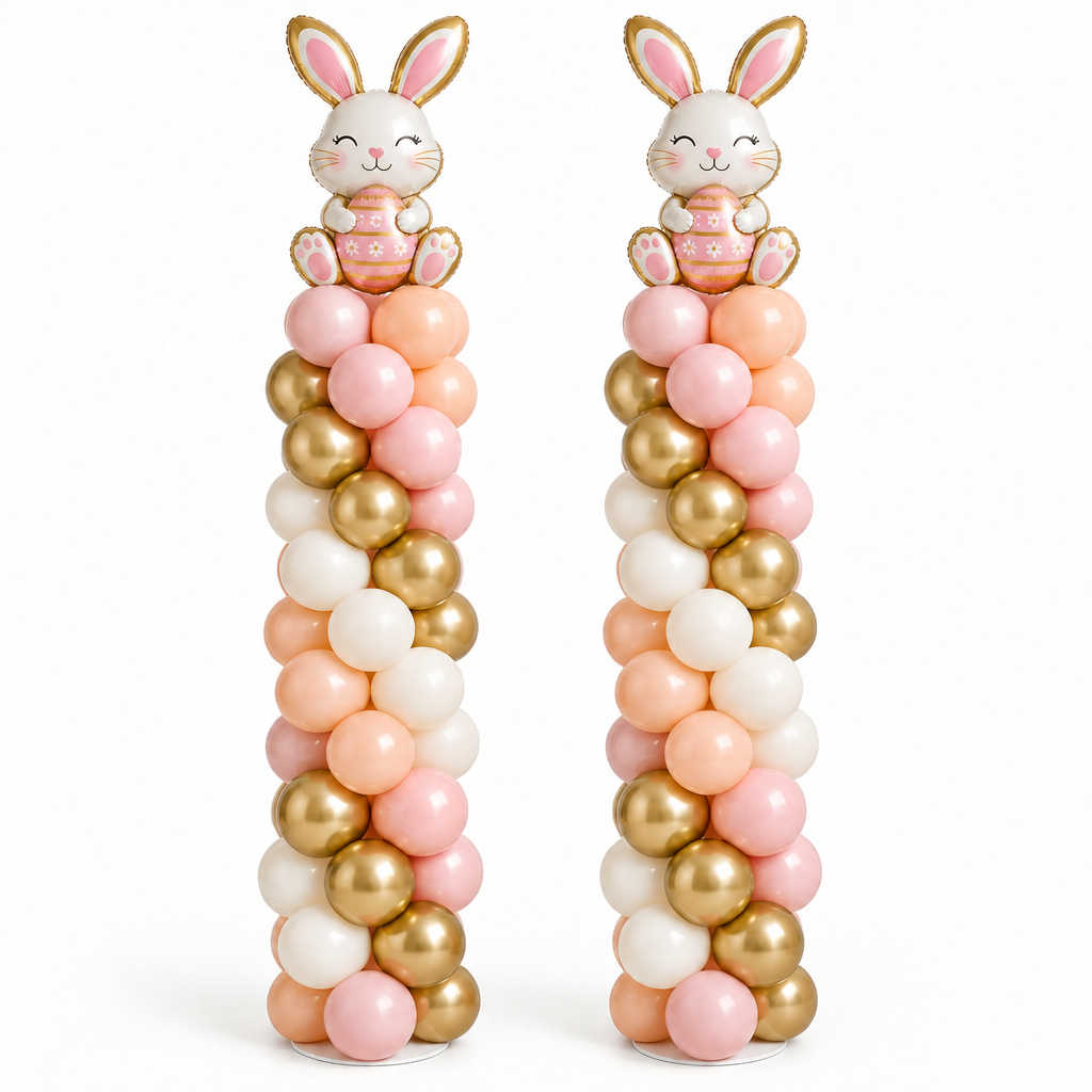 Pink balloon columns with Easter bunny toppers