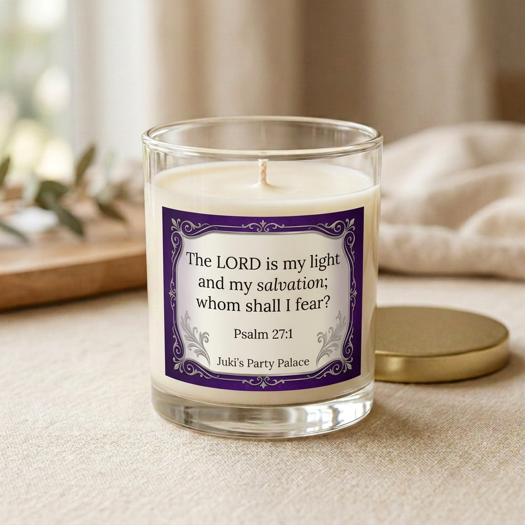 Purple-and-silver Psalm 27:1 candle mockup