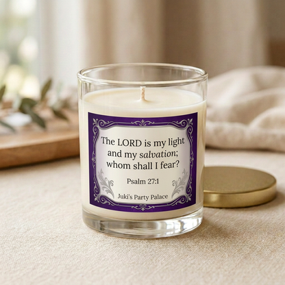 Purple-and-silver Psalm 27:1 candle mockup