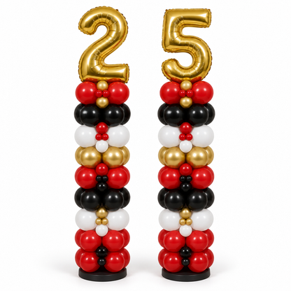Red black white and gold balloon columns with gold numbers 2 and 5