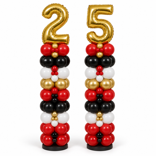 Red black white and gold balloon columns with gold numbers 2 and 5