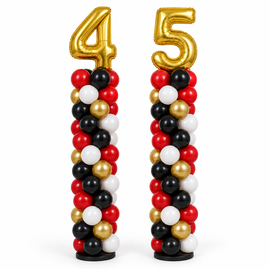 Red black white and gold balloon columns with gold numbers 4 and 5