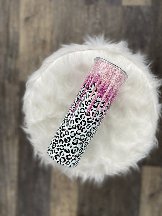 Pink Glitter Drips teal leopard Tumbler